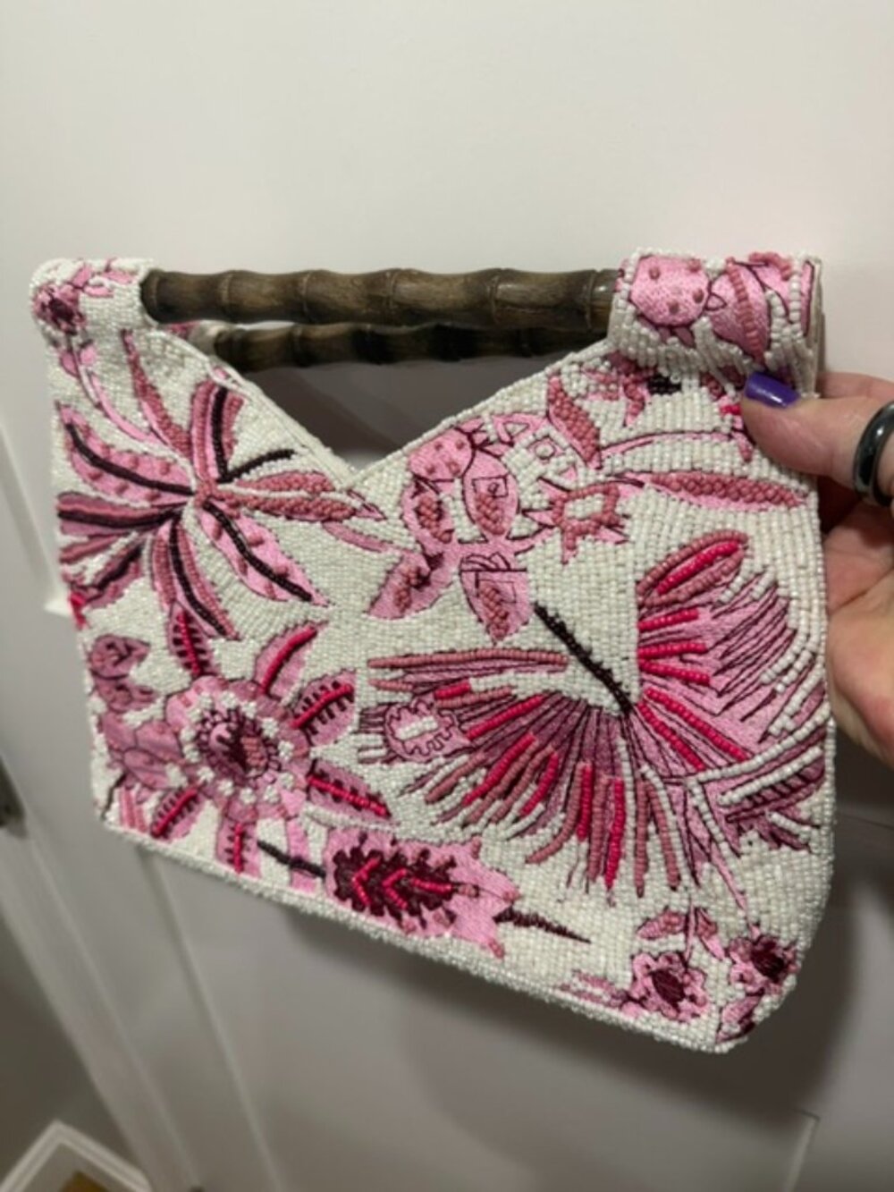 Pink Floral Hand-Beaded Top-Handle Bag with Bamboo Handle